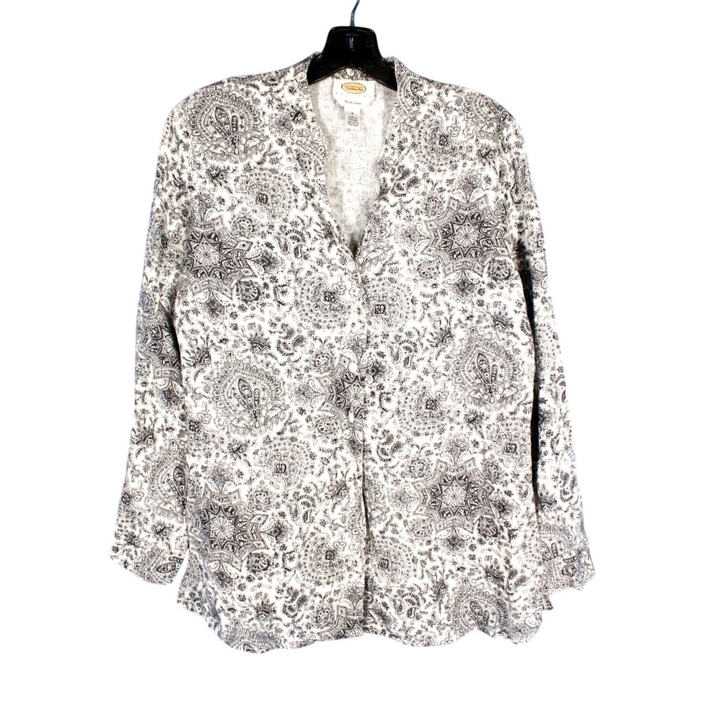 VTG TALBOTS Petites IRISH LINEN Black PAISLEY Button-Up V-NECK Shirt/Top Sz 8P